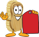 Clip Art Graphic of a Scrub Brush Mascot Character Holding a Red Sales Price Tag