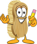 Clip Art Graphic of a Scrub Brush Mascot Character Holding a Pencil