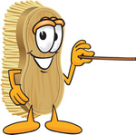 Clip Art Graphic of a Scrub Brush Mascot Character Using a Pointer Stick to Point to the Right