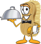 Clip Art Graphic of a Scrub Brush Mascot Character Serving a Dinner Platter While Waiting Tables