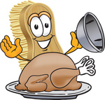 Clip Art Graphic of a Scrub Brush Mascot Character Serving a Cooked Thanksgiving Turkey on a Platter