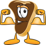 Clip Art Graphic of a Beef Steak Meat Mascot Character Flexing His Strong Arm Muscles