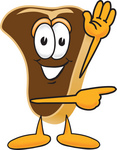 Clip Art Graphic of a Beef Steak Meat Mascot Character Waving and Pointing to the Right