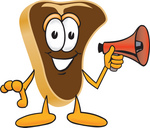 Clip Art Graphic of a Beef Steak Meat Mascot Character Preparing to Make an Announcement With a Red Megaphone Bullhorn