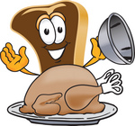 Clip Art Graphic of a Beef Steak Meat Mascot Character Serving a Thanksgiving Turkey on a Platter