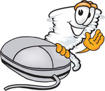 Clip Art Graphic of a Tornado Mascot Character Waving and Standing by a Computer Mouse