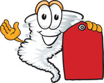 Clip Art Graphic of a Tornado Mascot Character Holding a Red Sales Price Tag