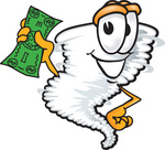 Clip Art Graphic of a Tornado Mascot Character Holding a Dollar Bill