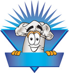 Clip Art Graphic of a White Chefs Hat Cartoon Character Over a Blank Blue Label on a Logo