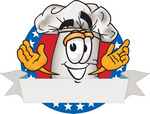 Clip Art Graphic of a White Chefs Hat Cartoon Character Over a Blank Label on a Logo With Stars