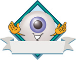 Clip Art Graphic of a Blue Eyeball Cartoon Character Over a Blank White Label