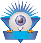 Clip Art Graphic of a Blue Eyeball Cartoon Character Over a Blank Blue Label