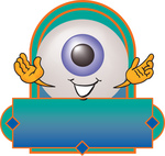 Clip Art Graphic of a Blue Eyeball Cartoon Character Over a Blank Label