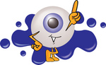 Clip Art Graphic of a Blue Eyeball Cartoon Character on a Blue Paint Splatter Logo