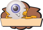 Clip Art Graphic of a Blue Eyeball Cartoon Character Over a Blank Brown Label