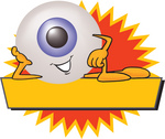 Clip Art Graphic of a Blue Eyeball Cartoon Character Over a Blank Yellow Label