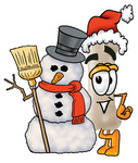 Clip Art Graphic of a Bone Cartoon Character Wearing a Santa Hat and Standing by a Snowman