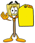 Clip Art Graphic of a Straw Broom Cartoon Character Holding a Yellow Sales Price Tag