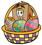 Clip Art Graphic of a Cardboard Shipping Box Cartoon Character in an Easter Basket Full of Decorated Easter Eggs