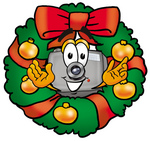 Clip Art Graphic of a Flash Camera Cartoon Character in the Center of a Christmas Wreath