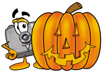 Clip Art Graphic of a Flash Camera Cartoon Character With a Carved Halloween Pumpkin