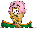 Clip Art Graphic of a Strawberry Ice Cream Cone Cartoon Character Rowing a Boat