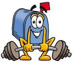 Clip Art Graphic of a Blue Snail Mailbox Cartoon Character Lifting a Heavy Barbell