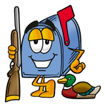 Clip Art Graphic of a Blue Snail Mailbox Cartoon Character Duck Hunting, Standing With a Rifle and Duck