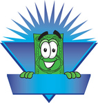 Clip Art Graphic of a Flat Green Dollar Bill Cartoon Character on a Blue Label Logo With a Burst