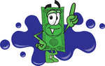 Clip Art Graphic of a Flat Green Dollar Bill Cartoon Character Pointing Upwards and Standing in Front of a Blue Paint Splatter on a Logo