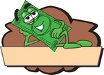 Clip Art Graphic of a Flat Green Dollar Bill Cartoon Character Reclining Over a Tan Label and a Brown Background on a Logo
