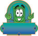 Clip Art Graphic of a Flat Green Dollar Bill Cartoon Character on a Blank Green and Blue Label Logo