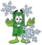Clip Art Graphic of a Flat Green Dollar Bill Cartoon Character With Three Snowflakes in Winter