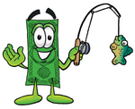 Clip Art Graphic of a Flat Green Dollar Bill Cartoon Character Holding a Fish on a Fishing Pole