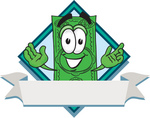 Clip Art Graphic of a Flat Green Dollar Bill Cartoon Character Over a Blank Label Banner on a Logo