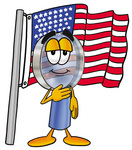 Clip Art Graphic of a Blue Handled Magnifying Glass Cartoon Character Pledging Allegiance to an American Flag