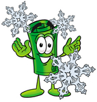 Clip Art Graphic of a Rolled Greenback Dollar Bill Banknote Cartoon Character With Three Snowflakes in Winter