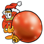 Clip Art Graphic of a Red Landline Telephone Cartoon Character Wearing a Santa Hat, Standing With a Christmas Bauble