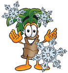 Clip Art Graphic of a Tropical Palm Tree Cartoon Character Surrounded by Falling Snowflakes in Winter