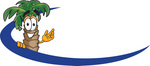 Clip Art Graphic of a Tropical Palm Tree Cartoon Character Waving Behind a Blue Dash on an Employee Nametag or Logo
