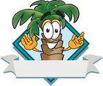 Clip Art Graphic of a Tropical Palm Tree Cartoon Character on a Blank White Banner Label Logo With a Blue Diamond