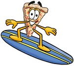 Clip Art Graphic of a Cheese Pizza Slice Cartoon Character Surfing on a Blue and Yellow Surfboard