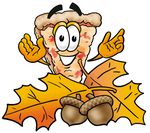Clip Art Graphic of a Cheese Pizza Slice Cartoon Character With Autumn Leaves and Acorns in the Fall