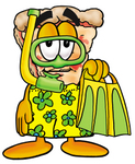 Clip Art Graphic of a Cheese Pizza Slice Cartoon Character in Green and Yellow Snorkel Gear
