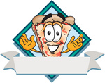 Clip Art Graphic of a Cheese Pizza Slice Cartoon Character on a Blank Label Logo With a White Banner and Blue Diamond