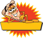 Clip Art Graphic of a Cheese Pizza Slice Cartoon Character Reclining Over a Blank Yellow Banner in Front of an Orange Burst on a Logo Label