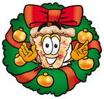 Clip Art Graphic of a Cheese Pizza Slice Cartoon Character in the Center of a Christmas Wreath