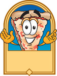 Clip Art Graphic of a Cheese Pizza Slice Cartoon Character on a Blank Tan Label