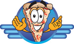 Clip Art Graphic of a Cheese Pizza Slice Cartoon Character on a Blue Logo