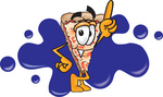 Clip Art Graphic of a Cheese Pizza Slice Cartoon Character Pointing Upwards and Standing in Front of a Blue Paint Splatter on a Logo